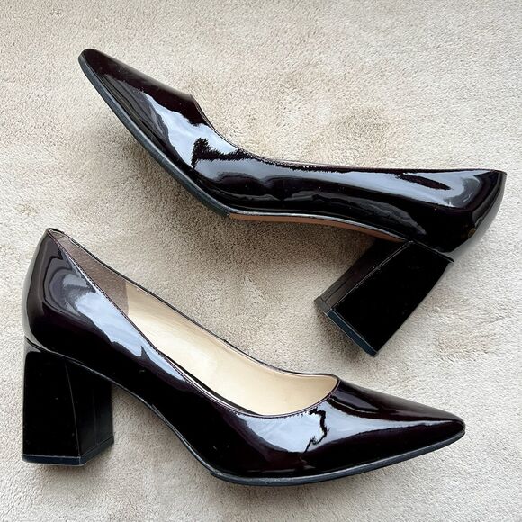 Marc Fisher Zala Dark Brown Patent Leather Block Heel Pumps Women’s 9 Pointy Tie - Picture 1 of 14